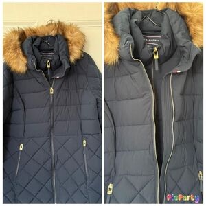NWOT Tommy Hilfiger Dark Blue Quilted Jacket with Faux Fur Trim